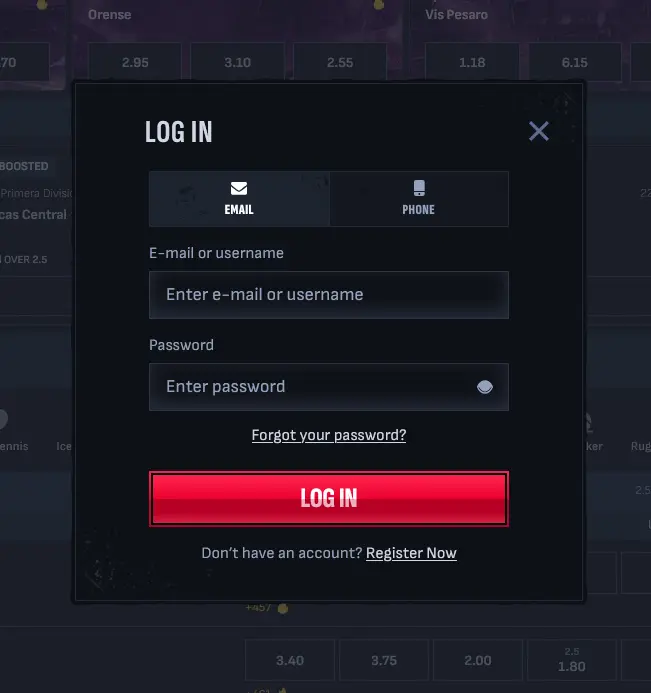 Mafia Casino Login-Formular für die Anmeldung