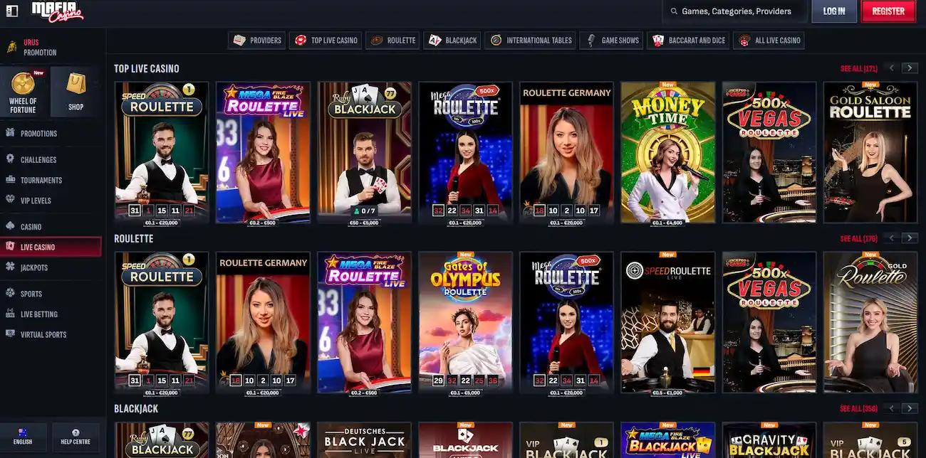 Mafia Casino Live-Casino-Übersicht mit Tischspielen in Echtzeit